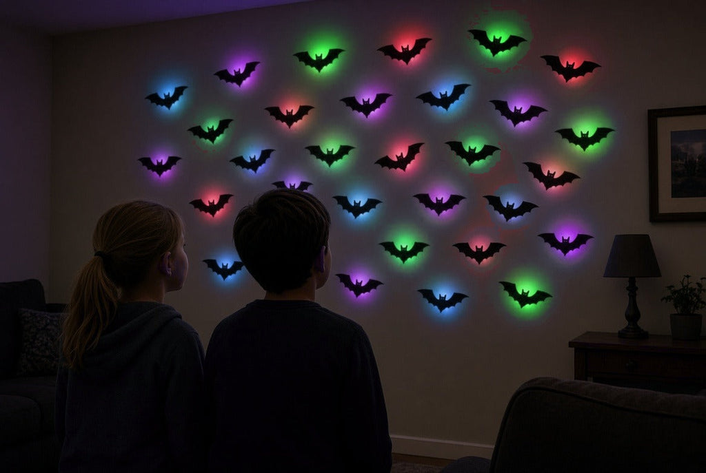 Salon dans le noir, mur couvert de chauves-souris noires avec halos de couleurs mélangées (photo d'ambiance)