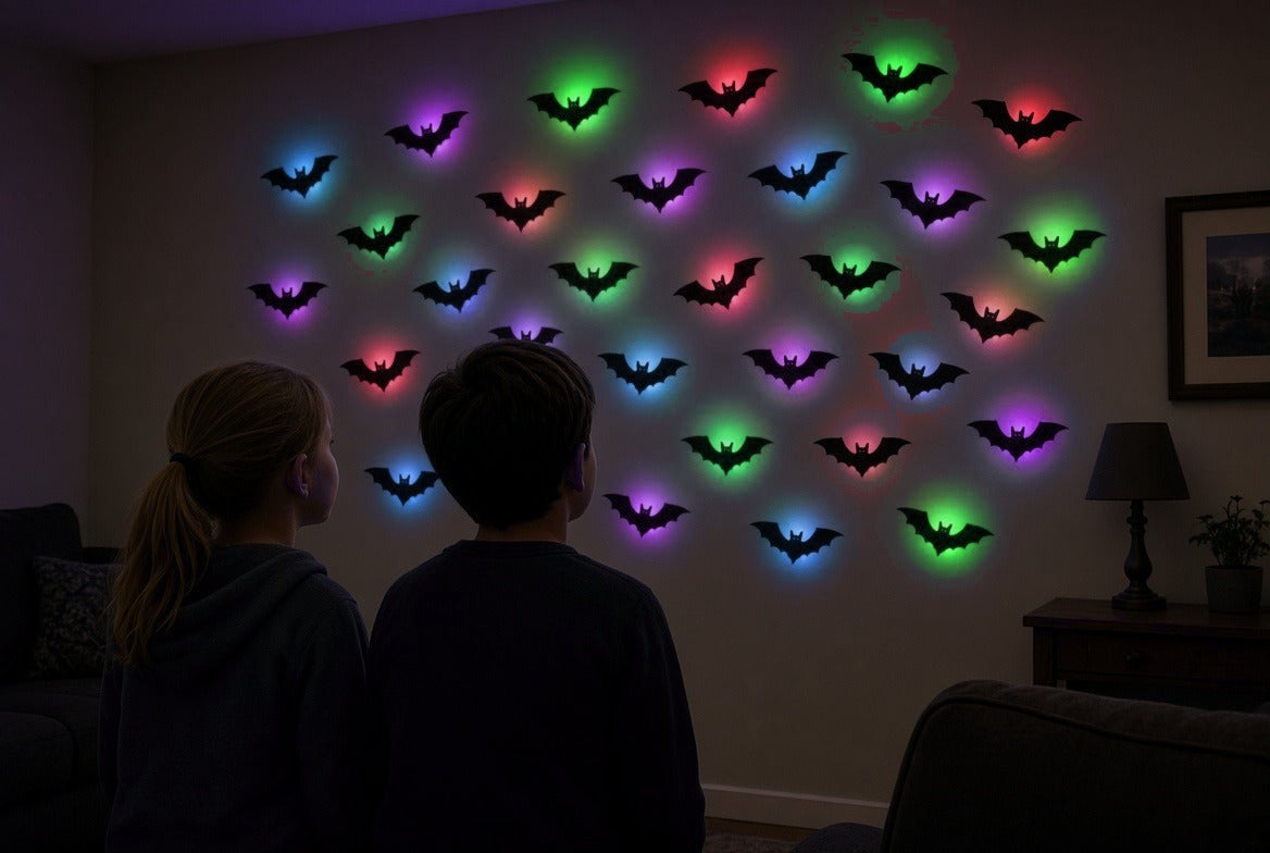 Salon dans le noir, mur couvert de chauves-souris noires avec halos de couleurs mélangées (photo d'ambiance)